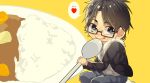  1boy brown_hair fur-lined_jacket glasses happy heart highres male miniboy rice sankaku_dotto spoken_heart spoon 