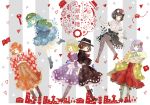  6+girls ^_^ back-to-back backpack bag bell black_hair black_legwear blonde_hair blue_hair book brown_hair checkered closed_eyes dress flower geta glasses hair_bell hair_bobbles hair_flower hair_ornament hat hieda_no_akyuu japanese_clothes kawashiro_nitori maribel_hearn motoori_kosuzu multiple_girls onigiri_(ginseitou) open_book orange_hair pantyhose purple_hair shameimaru_aya smile striped striped_background tokin_hat touhou usami_renko wrench 