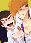  2boys black_hair blush brown_hair dangan_ronpa fist_bump grin ishimaru_kiyotaka long_hair multiple_boys oowada_mondo short_hair smile uniform yaoi 