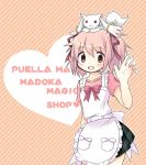  1girl :3 animal_on_head apron copyright_name hair_ribbon hoop kaname_madoka kyabechi kyubey looking_at_viewer mahou_shoujo_madoka_magica open_mouth pink_eyes pink_hair red_eyes ribbon short_hair skirt smile 