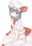 1girl ascot blue_hair blush dress eyelashes hands_in_lap highres marakimi mob_cap pout red_eyes remilia_scarlet short_hair simple_background slit_pupils tears touhou v_arms white_background 
