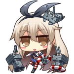  &gt;_&lt; 1girl =_= anchor blonde_hair blush_stickers chibi elbow_gloves gloves hair_ornament hair_ribbon hitsuki_rei innertube kantai_collection long_hair looking_at_viewer lowres machinery open_mouth personification rensouhou-chan ribbon shimakaze_(kantai_collection) solo striped striped_legwear thighhighs turret yellow_eyes 