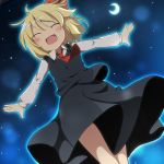  1girl blonde_hair blush closed_eyes crescent_moon do_(4-rt) hair_ribbon highres moon night night_sky open_mouth outstretched_arms ribbon rumia short_hair skirt sky smile solo touhou 