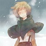  1boy armin_arlert belt blonde_hair blush breath buckle cape closed_eyes hami_(lvct) hood jacket long_sleeves military military_uniform shingeki_no_kyojin short_hair smile snowing solo uniform 