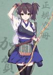  1girl archery arm_up bow_(weapon) breasts brown_hair hakama_skirt kaga_(kantai_collection) kaguyuzu kantai_collection kyuudou large_breasts lips muneate personification side_ponytail solo standing thighhighs weapon yellow_eyes 