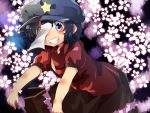  1girl blouse blue_hair cherry_blossoms floral_background grin hat leaning_forward looking_at_viewer miyako_yoshika multicolored_background ofuda outstretched_arms petals porokkon short_hair short_sleeves skirt smile solo star touhou violet_eyes zombie_pose 