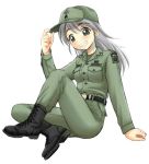  1girl adjusting_clothes adjusting_hat brown_eyes combat_boots ebifly long_hair long_sleeves looking_at_viewer military military_cap military_uniform original silver_hair simple_background sitting solo uniform us_army white_background 