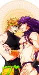  2boys blonde_hair cars_(jojo) dio_brando earrings gedoooo horns jewelry jojo_no_kimyou_na_bouken licking_lips lipstick long_hair makeup multiple_boys nail_polish purple_hair shaded_face 