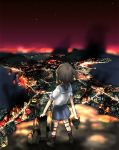  1girl city_lights cityscape commentary_request fire fubuki_(kantai_collection) highres kantai_collection kneehighs personification pleated_skirt ponytail school_uniform serafuku skirt smoke solo 