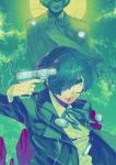  2boys arisato_minato blue_hair digital_media_player dual_persona full_moon gun gun_to_head hair_over_one_eye headphones makokokokokoko moon multiple_boys neck_ribbon persona persona_3 pistol ribbon school_uniform shirt weapon yuuki_makoto 