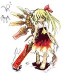  1girl ascot barefoot blonde_hair flandre_scarlet hakoniwa_tsuka long_hair looking_at_viewer red_eyes simple_background solo touhou weapon white_background 