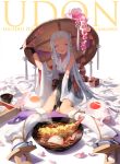  1girl :d blue_eyes cherry_blossoms chopsticks detached_sleeves food geta hat highres japanese_clothes kaidou_(eden03) kimono kneehighs knees_together_feet_apart long_hair open_mouth original sitting smile tempura udon white_hair white_legwear wink 