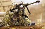  aiming anti-materiel_rifle barrett_m82 bipod camouflage ghillie_suit gun highres load_bearing_vest magazine_(weapon) military original red_star_alliance rifle scope shell_casing sniper_rifle trigger_discipline weapon 