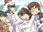  admiral_(kantai_collection) ashigara_(kantai_collection) brown_hair carrying elbow_gloves gloves hisatyu houshou_(kantai_collection) inazuma_(kantai_collection) japanese_clothes kantai_collection long_hair multiple_girls naval_uniform personification ponytail school_uniform serafuku shiranui_(kantai_collection) short_hair shota_admiral_(kantai_collection) shoulder_carry translation_request 