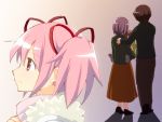  2boys 2girls blush_stickers carrying coat family fur_trim glasses hair_ribbon kaname_junko kaname_madoka kaname_tatsuya kaname_tomohisa long_skirt looking_away mahou_shoujo_madoka_magica multiple_boys multiple_girls oka_(umanihiki) pink_eyes pink_hair profile ribbon skirt walking 