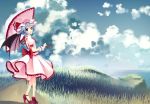  :d ascot bare_back bat_wings blouse blue_hair bow clouds cloudy_sky collared_shirt dress facing_away fang frilled_dress frilled_shirt frilled_skirt frills grass hat hat_bow highres holding junior27016 large_bow looking_at_viewer mob_cap nature no_socks open_mouth parasol path pink_dress pink_shirt pink_skirt puffy_sleeves pumps red_eyes red_shoes remilia_scarlet ribbon road shoes short_sleeves skirt skirt_set sky smile standing touhou turning umbrella water wings 