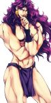  1boy blue_eyes cars_(jojo) earrings gedoooo horns jewelry jojo_no_kimyou_na_bouken loincloth long_hair muscle purple_hair red_eyes solo 