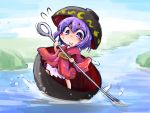  1girl boat bowl flying_sweatdrops hat japanese_clothes kimono minigirl needle paddling purple_hair river shinapuu smile sukuna_shinmyoumaru touhou violet_eyes 