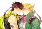  2boys blonde_hair brown_hair caesar_anthonio_zeppeli facial_mark green_eyes green_jacket hair_ornament headband jacket jojo_no_kimyou_na_bouken joseph_joestar_(young) knot manakannn multiple_boys ribbon scarf 