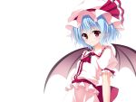  :3 ascot bat_wings blouse blue_hair bow brooch buttons collared_shirt dress frilled_dress frilled_shirt frilled_skirt frills hat hat_bow jewelry junior27016 large_bow looking_at_viewer mob_cap pointy_ears puffy_sleeves red_eyes remilia_scarlet ribbon short_sleeves simple_background skirt skirt_set touhou white_background wings 