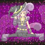  1girl alternate_costume animal_ears asymmetrical_clothes black_legwear boots cure_sword curly_hair dokidoki!_precure earrings hair_ornament half_updo hat jewelry kasetsu kenzaki_makoto looking_at_viewer ponytail precure purple_background purple_hair short_hair sitting smile solo tagme tail violet_eyes witch_hat 