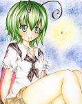  1girl antennae bare_legs blouse blue_background cape colored_pencil_(medium) firefly green_eyes green_hair knees_up kuropotechi looking_away open_mouth paint_(medium) short_hair short_sleeves shorts sitting_on_hand solo touhou traditional_media wriggle_nightbug 