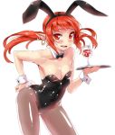  1girl animal_ears bent_over blush bunny_girl bunny_tail cup detached_collar dungeon_and_fighter earrings hand_on_hip jewelry looking_at_viewer mage_(dungeon_and_fighter) open_mouth pantyhose pointy_ears rabbit_ears red_eyes redhead solo sweatdrop tail tray twintails wine_glass wrist_cuffs yonggi 