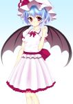  bat_wings blouse blue_hair bow collared_shirt dress frilled_dress frilled_shirt frilled_skirt frills gradient gradient_background hat hat_bow junior27016 large_bow looking_at_viewer mob_cap pink_dress pink_shirt pink_skirt pointy_ears puffy_sleeves red_eyes remilia_scarlet ribbon simple_background skirt skirt_set smile standing touhou wings 
