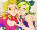  1boy 1girl blonde_hair giorno_giovanna green_eyes green_hair highres jojo_no_kimyou_na_bouken lips tooru_fuyuse v 