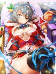 1girl bell black_legwear blue_eyes box breasts character_request copyright_request eyepatch gift gift_box grey_hair hair_ornament looking_at_viewer lying midriff multicolored_eyes navel ribbon santa_costume smile solo star stuffed_animal stuffed_toy thighhighs violet_eyes yonggi 