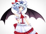  ascot bat_wings blouse blue_hair bow collared_shirt dress fang fingernails frilled_dress frilled_shirt frilled_skirt frills hat hat_bow highres junior27016 large_bow layered_skirt looking_at_viewer mob_cap pointy_ears puffy_sleeves red_eyes remilia_scarlet ribbon shirt simple_background skirt skirt_hold skirt_set smile standing touhou white_dress white_shirt white_skirt wings wristband 