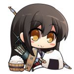  1girl :t akagi_(kantai_collection) armor arrow blush_stickers bow_(weapon) brown_hair chibi food food_on_face gloves hitsuki_rei japanese_clothes kantai_collection long_hair looking_at_viewer lowres machinery muneate onigiri personification quiver rice rice_on_face solo spatula weapon yellow_eyes 
