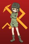  1girl blonde_hair blue_eyes girls_und_panzer highres katyusha looking_at_viewer military military_uniform sabaku_chitai short_hair simple_background smile solo uniform 