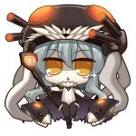  1girl blush_stickers bodysuit chibi gloves headwear hitsuki_rei kantai_collection lowres monster open_mouth pale_skin personification shinkaisei-kan silver_hair solo sparkle staff triangle_mouth turret wo-class_aircraft_carrier yellow_eyes 