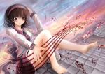  1girl arched_back bare_legs barefoot blouse blurry brown_hair depth_of_field east_asian_architecture hand_on_own_head headband highres light_smile long_sleeves looking_at_viewer momen102_(sji09u) musical_note musical_staff rooftop short_hair sitting skirt solo touhou town treble_clef tsukumo_yatsuhashi twilight violet_eyes 