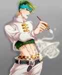  1boy earrings green_eyes green_hair headband heaven&#039;s_door jewelry jojo_no_kimyou_na_bouken kishibe_rohan konoyasoul lipstick makeup midriff pen solo stand_(jojo) 