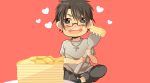  1boy cake food fork glasses heart heart-shaped_pupils highres male miniboy red_background sankaku_dotto symbol-shaped_pupils 