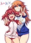  2girls :d blue_eyes brown_hair buruma charlotte_e_yeager creator_connection crossover double_v female grin gym_uniform hand_on_another&#039;s_shoulder isshiki_akane long_hair michairu multiple_girls open_mouth orange_hair red_eyes scrunchie smile strike_witches track_jacket v vividred_operation 