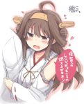  1boy 1girl admiral_(kantai_collection) ahoge bare_shoulders blush brown_eyes brown_hair detached_sleeves double_bun hairband heart japanese_clothes kantai_collection kongou_(kantai_collection) long_hair open_mouth personification rock_heart rough solo_focus translation_request wide_sleeves 