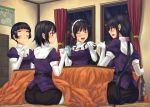  4girls :d alcohol ashigara_(kantai_collection) bangs black_hair blunt_bangs blush drinking elbow_gloves genshi gloves haguro_(kantai_collection) kantai_collection kotatsu multiple_girls nachi_(kantai_collection) open_mouth smile table 