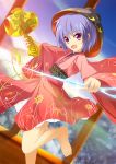  1girl bare_legs barefoot bowl clouds crescent dutch_angle floral_print japanese_clothes kimono lavender_hair leaf leg_up long_sleeves looking_at_viewer mallet maple_leaf needle obi open_mouth petticoat red_eyes short_hair short_kimono solo sukuna_shinmyoumaru touhou twilight wide_sleeves window zb 