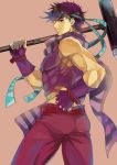  1boy ass fingerless_gloves gloves headband jojo_no_kimyou_na_bouken joseph_joestar_(young) manakannn midriff purple_hair scarf sledgehammer solo striped striped_scarf violet_eyes 