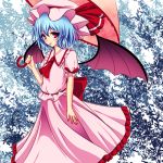  ascot bat_wings blouse blue_hair bow collared_shirt dress frilled_dress frilled_shirt frilled_skirt frills hat hat_bow holding junior27016 large_bow leaf leaf_background looking_at_viewer mob_cap parasol pointy_ears red_eyes remilia_scarlet ribbon short_sleeves skirt skirt_set smile standing touhou umbrella wings 
