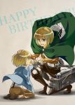  2boys 310305mnmnmn absurdres armin_arlert belt boots buckle cape crying dual_persona flower hand_on_head happy_birthday highres jacket long_sleeves military military_uniform multiple_boys one_knee seiza shingeki_no_kyojin sitting smile suspenders tears thigh_strap three-dimensional_maneuver_gear time_paradox uniform 