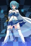  1girl absurdres blue_eyes blue_hair cape crossed_arms gloves hair_ornament hairclip highres kichi8 looking_at_viewer mahou_shoujo_madoka_magica miki_sayaka short_hair smile solo sword thighhighs weapon 