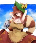  1girl arano_oki arms_behind_head arms_up bell bottle breasts brown_eyes brown_hair cleavage collarbone futatsuiwa_mamizou glasses hat large_breasts raccoon_tail sake_bottle shirt skirt solo tail touhou 
