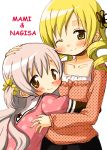  2girls absurdres blonde_hair blush drill_hair hand_on_another&#039;s_head highres hug looking_at_viewer mahou_shoujo_madoka_magica mahou_shoujo_madoka_magica_movie momoe_nagisa multiple_girls orange_eyes pink_hair skirt smile tomoe_mami tsubaki_(tatajd) twin_drills wink yellow_eyes 