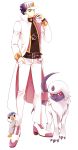  1boy absol absurdres black_hair crossover highres holding holding_poke_ball jojo_no_kimyou_na_bouken kanasaku kuujou_joutarou long_coat piplup poke_ball pokemon pokemon_(creature) 