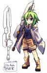  1girl blue_eyes dated green_hair hakoniwa_tsuka short_hair simple_background smile solo sword translation_request weapon white_background 
