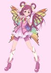  1girl arm_warmers bike_shorts boots butterfly_wings cure_dream dress earrings galaxea gradient gradient_background hair_ornament hair_rings high_heels highres jewelry long_hair looking_at_viewer magical_girl pink pink_background pink_bike_shorts pink_dress pink_eyes pink_hair pink_skirt precure ribbon shorts shorts_under_skirt skirt smile solo vest wings yes!_precure_5 yes!_precure_5_gogo! yumehara_nozomi 